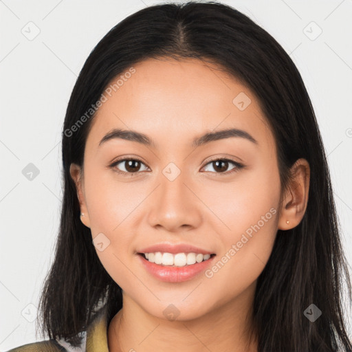 Joyful white young-adult female with long  brown hair and brown eyes