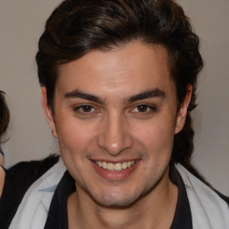 Joyful white young-adult male with medium  brown hair and brown eyes