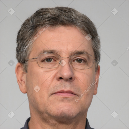 Neutral white middle-aged male with short  brown hair and brown eyes