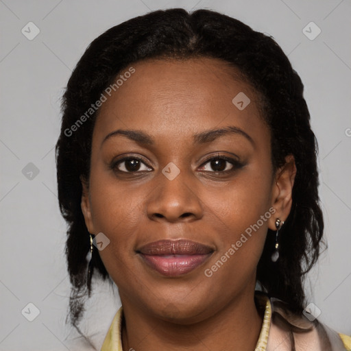 Joyful black young-adult female with medium  black hair and brown eyes