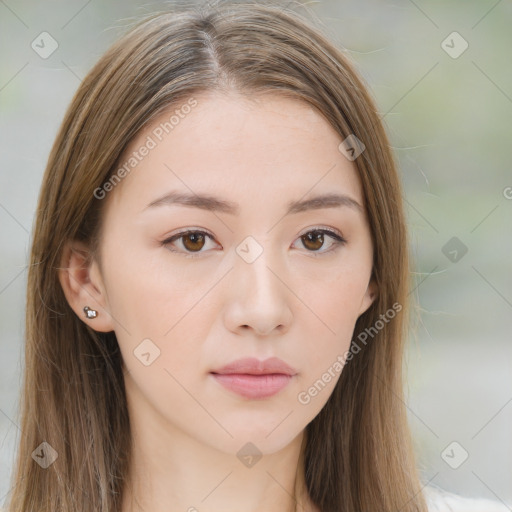 Neutral white young-adult female with long  brown hair and brown eyes