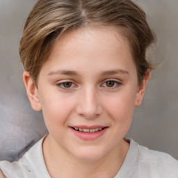 Joyful white child female with short  brown hair and brown eyes