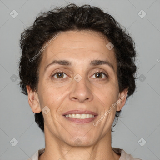 Joyful white adult female with short  brown hair and brown eyes