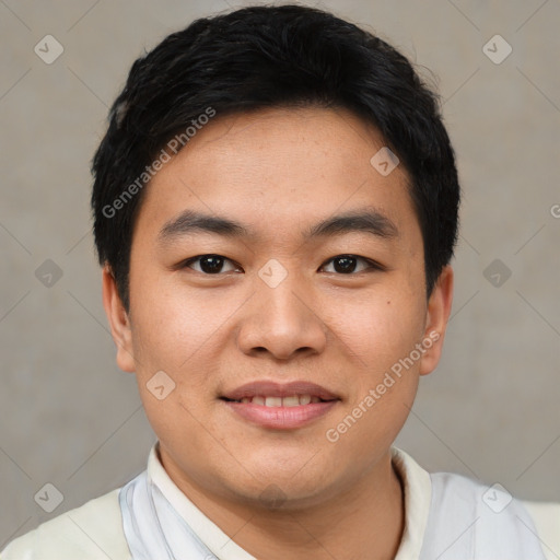 Joyful asian young-adult male with short  black hair and brown eyes