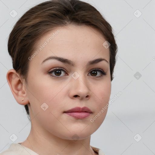 Neutral white young-adult female with medium  brown hair and brown eyes