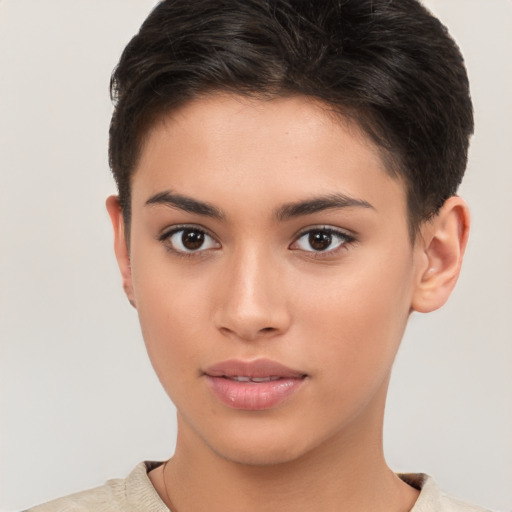 Neutral white young-adult female with short  brown hair and brown eyes