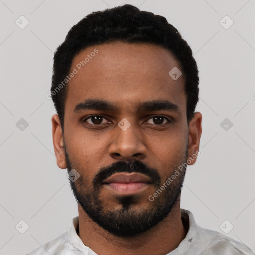 Neutral black young-adult male with short  black hair and brown eyes