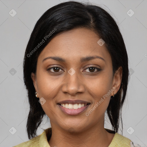 Joyful latino young-adult female with medium  black hair and brown eyes