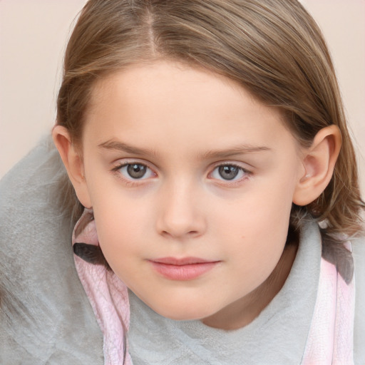 Neutral white child female with medium  brown hair and grey eyes