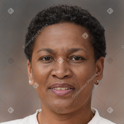 Joyful black adult female with short  brown hair and brown eyes