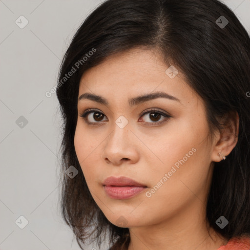 Neutral asian young-adult female with long  brown hair and brown eyes