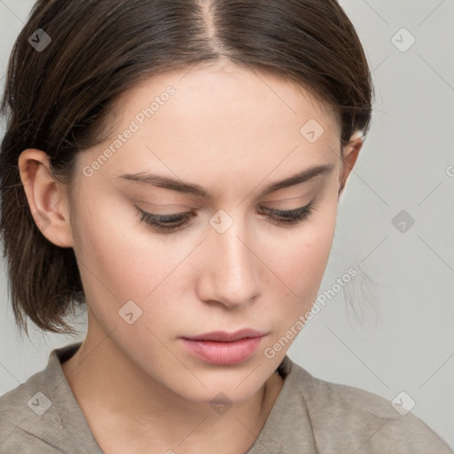 Neutral white young-adult female with medium  brown hair and brown eyes