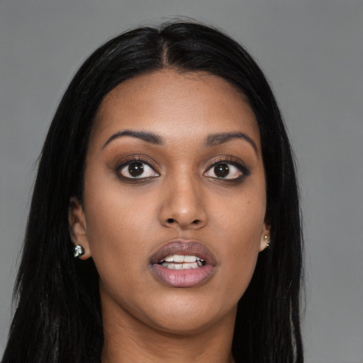 Neutral asian young-adult female with long  black hair and brown eyes