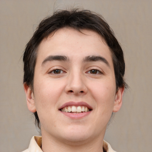 Joyful white young-adult male with medium  brown hair and brown eyes