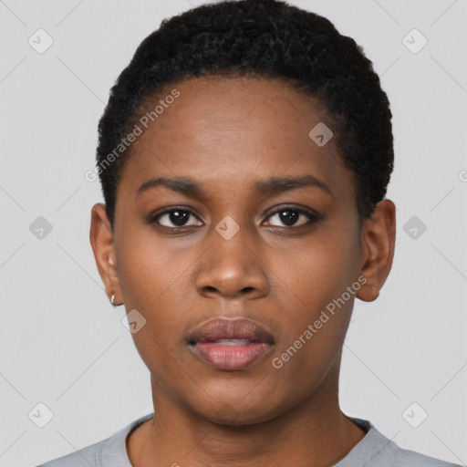 Neutral black young-adult female with short  black hair and brown eyes