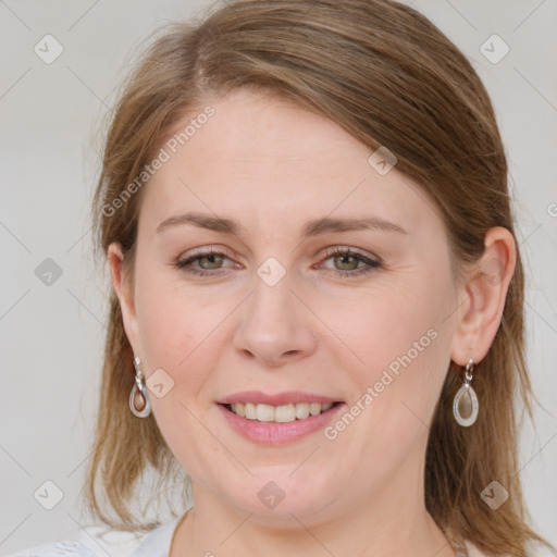 Joyful white young-adult female with medium  brown hair and blue eyes