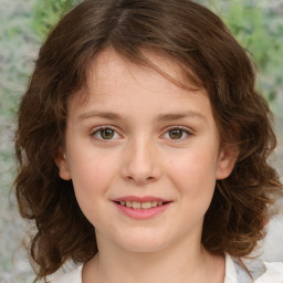 Joyful white child female with medium  brown hair and brown eyes