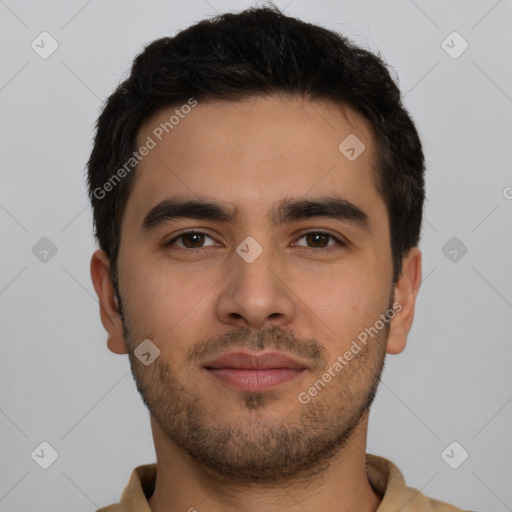 Neutral latino young-adult male with short  brown hair and brown eyes