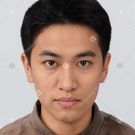 Neutral asian young-adult male with short  brown hair and brown eyes