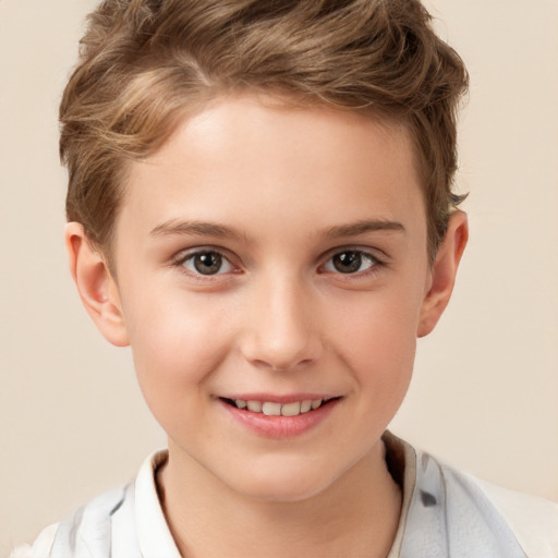 Joyful white child female with short  brown hair and brown eyes