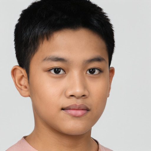 Joyful asian child male with short  black hair and brown eyes