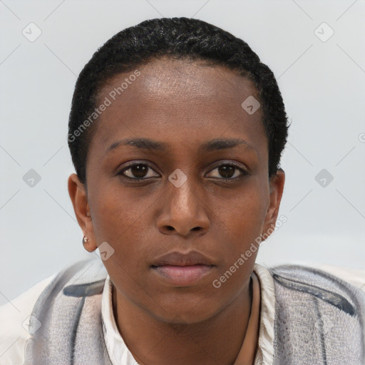 Neutral black young-adult female with short  black hair and brown eyes