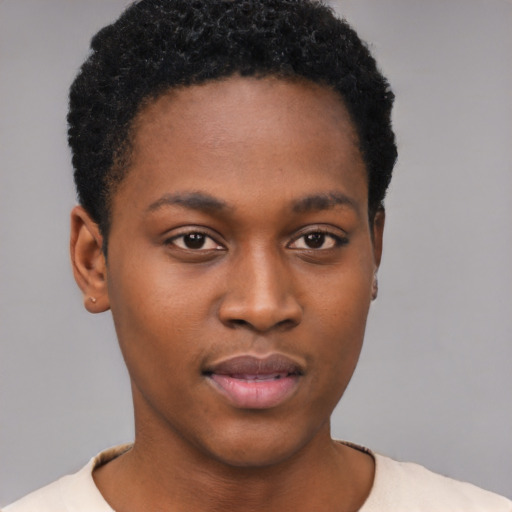 Neutral black young-adult female with short  black hair and brown eyes
