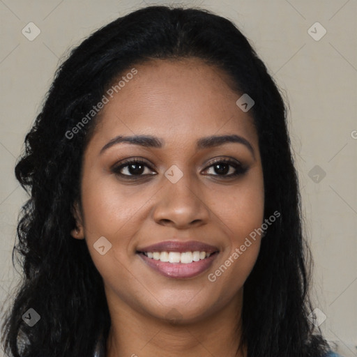 Joyful black young-adult female with long  brown hair and brown eyes