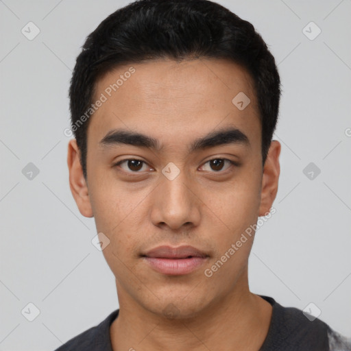 Neutral latino young-adult male with short  black hair and brown eyes