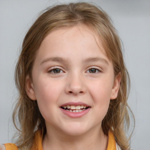 Joyful white child female with medium  brown hair and blue eyes