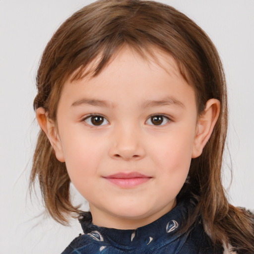 Joyful white child female with medium  brown hair and brown eyes