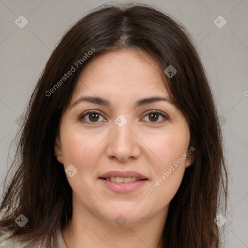 Joyful white young-adult female with medium  brown hair and brown eyes