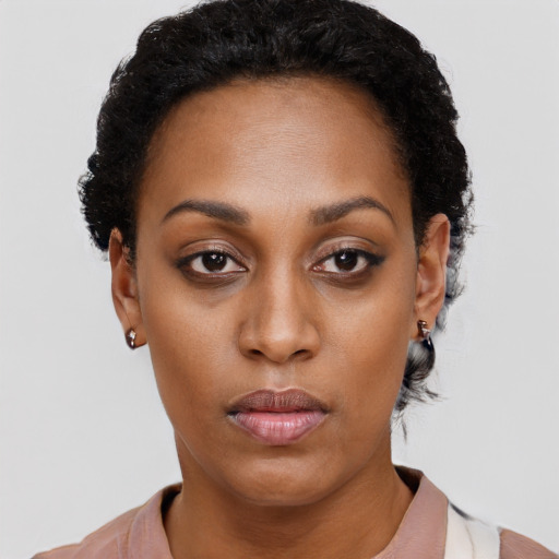 Neutral black young-adult female with short  black hair and brown eyes