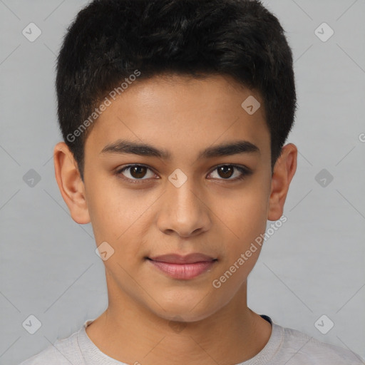 Joyful latino young-adult male with short  brown hair and brown eyes