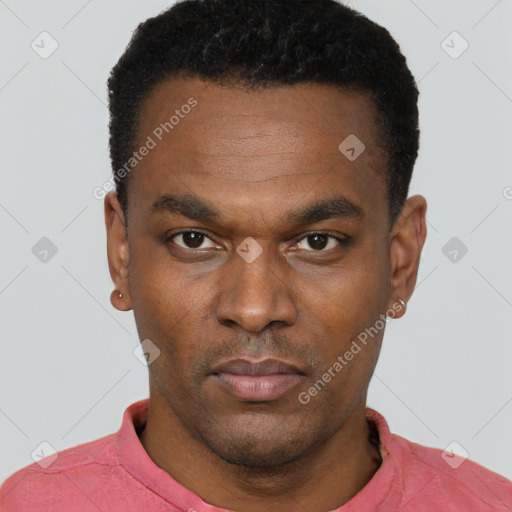 Neutral black young-adult male with short  black hair and brown eyes