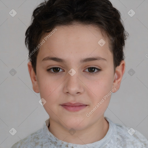 Joyful white child female with short  brown hair and brown eyes