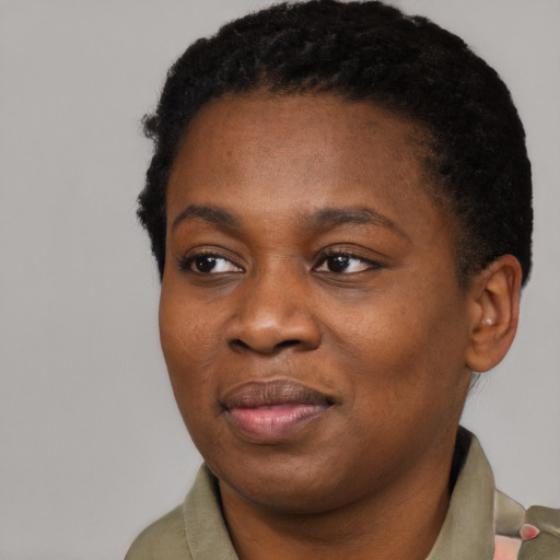 Joyful black young-adult female with short  black hair and brown eyes