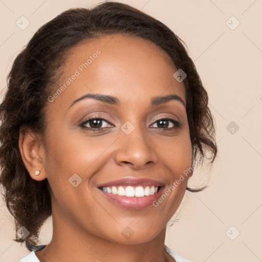 Joyful white young-adult female with long  brown hair and brown eyes