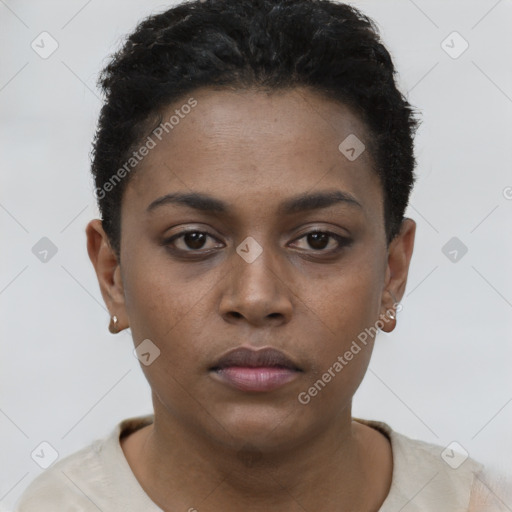 Neutral black young-adult female with short  brown hair and brown eyes