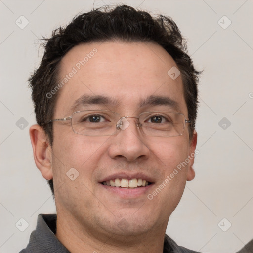 Joyful white adult male with short  brown hair and grey eyes