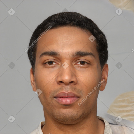 Neutral latino young-adult male with short  black hair and brown eyes