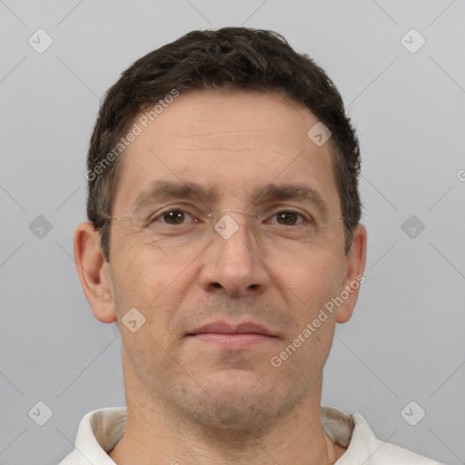 Neutral white adult male with short  brown hair and brown eyes