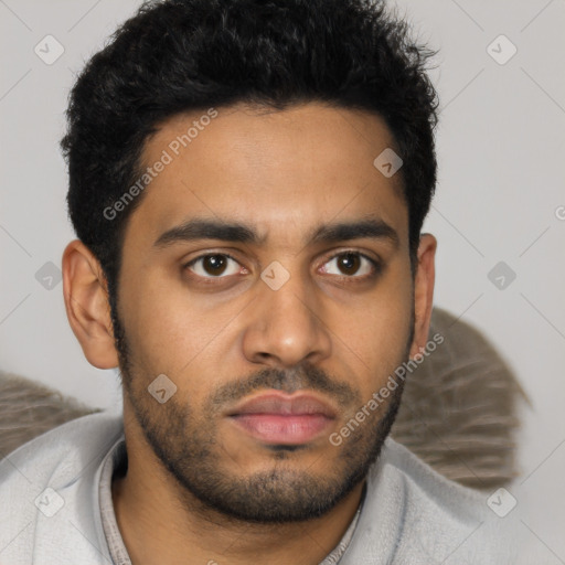 Neutral latino young-adult male with short  black hair and brown eyes