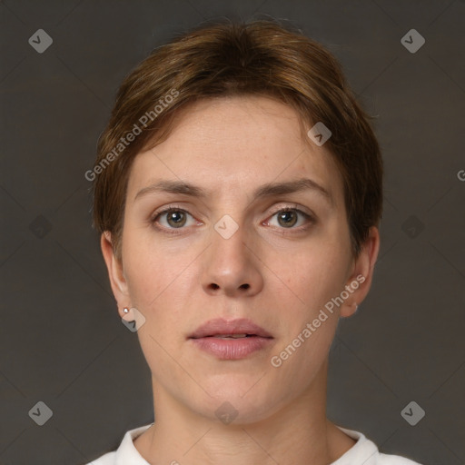 Neutral white young-adult female with short  brown hair and brown eyes