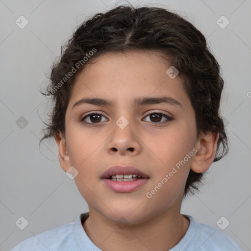 Joyful white child female with medium  brown hair and brown eyes