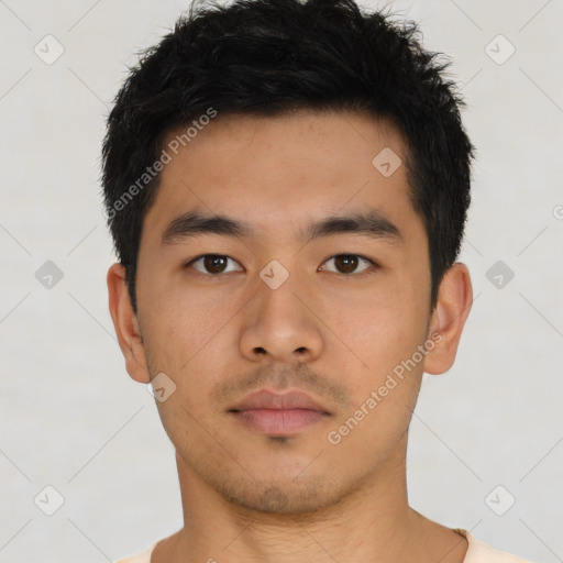 Neutral asian young-adult male with short  brown hair and brown eyes