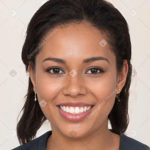 Joyful white young-adult female with long  brown hair and brown eyes