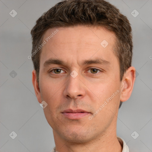 Neutral white adult male with short  brown hair and brown eyes