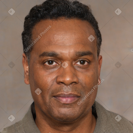 Neutral black adult male with short  black hair and brown eyes