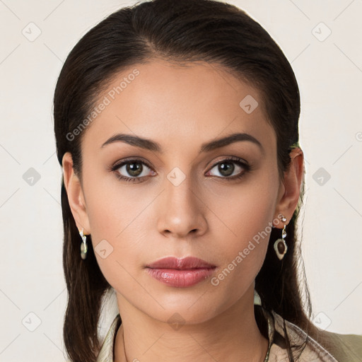 Neutral white young-adult female with long  brown hair and brown eyes